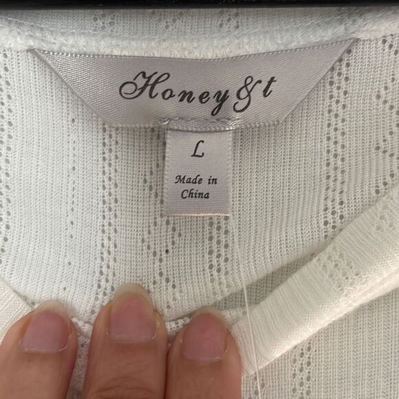 HONEY & T Women's Knit Dress Puffy Sleeves Woven Cotton Off White Size Large NWT - Picture 4 of 8